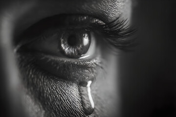 Close up of a crying eye with tears streaming down the face in black and white monochrome image