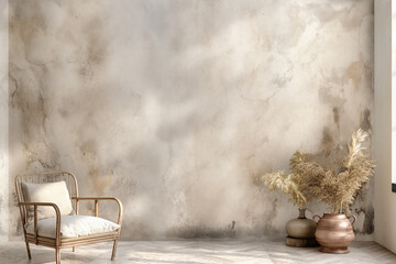 minimalist and rustic interior design setup, This setup could be used as inspiration for interior design projects, particularly in minimalist, bohemian, or rustic styles