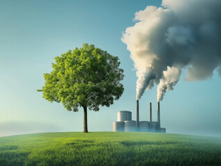 Industrial pollution impact on nature tree and smoke stacks in a serene landscape environmental awareness captured in a clear view