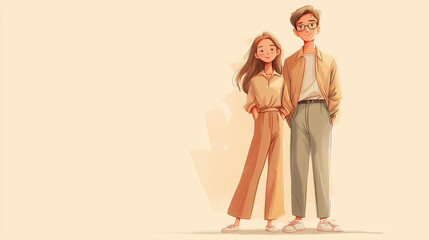 charming digital illustration featuring a warm, pastel-toned aesthetic. It portrays a young couple standing side by side in a relaxed and casual pose.
