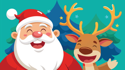 Cheerful Santa Claus and joyful reindeer smiling together against a festive winter background