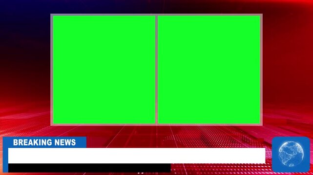Breaking news tv broadcast template with lower third and two split screen green display. Modern news live streaming TV broadcast backdrop. 4K video