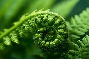 Close up shot of a vibrant green fern frond unfurling in a spiral pattern with blurred background