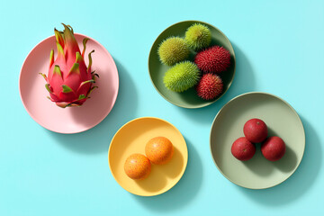 Colorful tropical fruits arranged on pastel plates over bright turquoise background