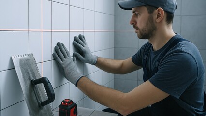 Professional tiler placing ceramic tiles on a bathroom wall, using a laser level for alignment and applying adhesive with a notched trowel, showcasing precision and skill