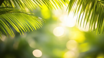 Lush Green Palm Leaves with Soft Sunlight and Bokeh Background