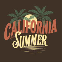 Naklejka premium California summer prints. typography text graphics in vector. vintage retro summer prints. t shirt design graphics. summer t-shirt design. tropical palm tree with sunshine beach tee.