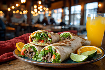 A stack of beef wraps on a plate with orange slices and a glass of orange juice on a wooden table