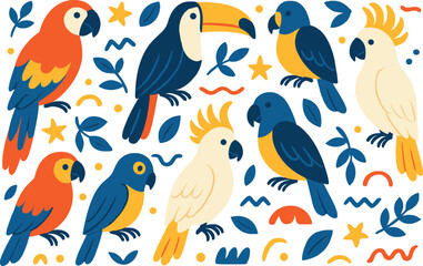 Vector illustration featuring a seamless pattern of tropical birds, including exotic parrots, cockatoo, toucan, and various doodle elements