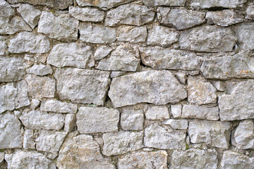 A detailed stone wall background with varying sizes of rocks in gray and beige perfect for textures or design elements