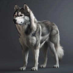 Obraz premium Photorealistic full-body image of an Alaskan Malamute dog, showcasing its thick fur, strong build, and attentive expression...