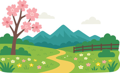 Obraz premium A natural landscape featuring mountains and hills, a meadow filled with blooming flowers, and a park enclosed by a fence, all set amidst a vector wild scenery