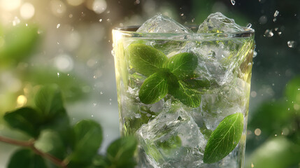 Close up of a refreshing drink with ice cubes and mint leaves in a clear glass with water droplets