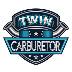 A detailed close-up of a twin carburetor crest, showcasing glossy chrome pipes and a vibrant neon 'T' emblem.  High-resolution, realistic rendering.