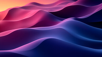 Fototapeta premium Abstract landscape of undulating, colorful hills. A digital rendering of smooth, flowing, layered hills in vibrant hues of pink, purple, and blue. Soft, glowing light bathes the scene