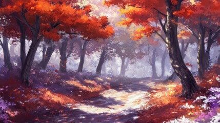Serene Autumn Forest Path with Vibrant Colorful Foliage