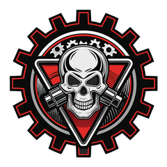 Design a V8 engine badge featuring a skull within a gear frame, emphasizing a powerful and aggressive aesthetic.  High-resolution, detailed vector art.