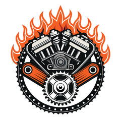 Design a V8 engine crest featuring vintage flames, a bold chain, and a classic, powerful aesthetic.  High-resolution, detailed artwork required.