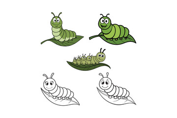 Cute Cartoon Caterpillar on Leaf Vector Insect Kids Illustration Set