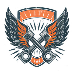 Design a vintage garage emblem featuring piston wings, incorporating a grunge aesthetic.  The emblem should evoke a sense of classic automotive power and repair.