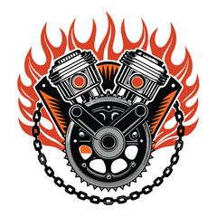 Design a vibrant V8 engine crest featuring vintage flames, a bold chain wrapped around it, and a gritty, metallic texture.