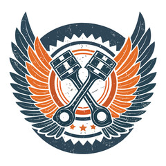 Design a vintage garage emblem featuring piston wings, incorporating a grunge aesthetic.  The design should evoke speed and power.