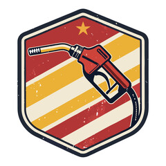 Design a vintage gas station patch featuring a retro-style nozzle, flames, and the text "Retro St."  Include distressed textures and bold colors.