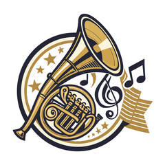 Design a vintage logo featuring a brass-textured French horn with a stylized musical "N" incorporated.  Aim for a classic, elegant feel.