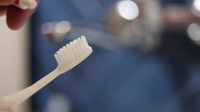 Horizontal defocused 4K video close up. Male hand spreading toothpaste on disposable plastic toothbrush from small promotional packaging in hotel bath room. Hygiene, ecology, care. Selective focus