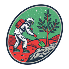 Retro oval patch design astronaut planting a tree on the moon, vintage style, detailed, colorful.