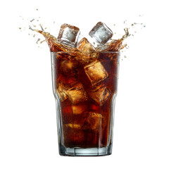 Refreshing Cola Drink with Ice Cubes Splashing in a Glass against a Transparent Background