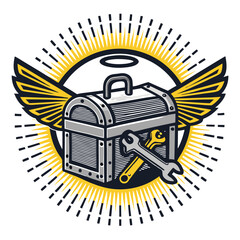 Design a vintage-style logo featuring a tool chest, a wrench forming a halo above it, and a subtle garage background.  The style should evoke nostalgia and craftsmanship.
