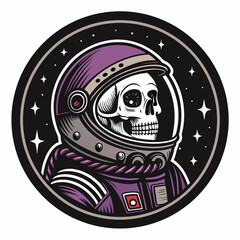 A retro-futuristic illustration of a skull-faced astronaut inside a circular spaceship cockpit, amidst vibrant starfields.  Emphasis on vintage sci-fi aesthetics.