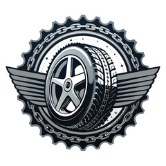 Create a striking image of a heavily worn tire with a bold, chain-link badge affixed, emphasizing grunge texture and a strong, graphic style.