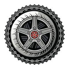 Create a gritty, detailed illustration of a worn-out tire and a heavy-duty chain forming a badge, emphasized by a bold stroke.