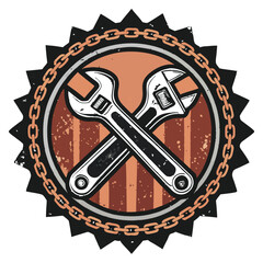 Design a distressed metal badge featuring a wrench and chain intertwined, emphasizing a rugged, industrial aesthetic.  Include rivets and scratches for detail.