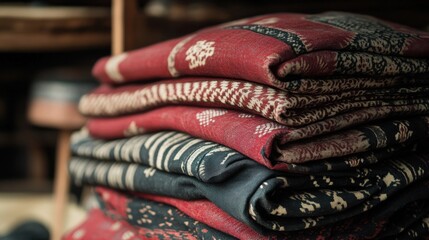 Traditional Textiles Stack with Intricate Patterns and Rich Colors