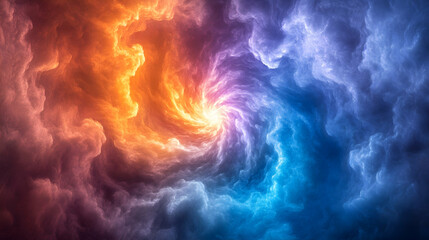 Abstract swirling vortex of fiery orange and icy blue clouds