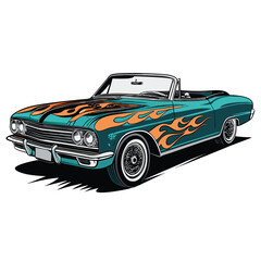 A vibrant illustration of a classic 1960s convertible's side profile, showcasing flames along its body and a stylized logo.