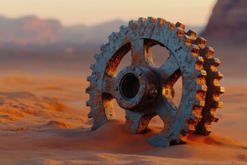 Rust-covered gear resting in a sandy desert landscape under a warm sunset glow, a symbol of forgotten technology.