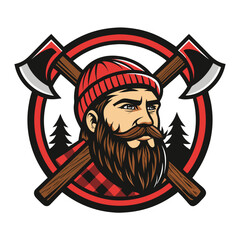 A close-up portrait of a rugged, bearded lumberjack's face, framed by a circular emblem depicting crossed axes.  The image should evoke strength and a rustic aesthetic.