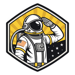 Create a groovy 1970s style vector emblem featuring an astronaut saluting, incorporating retro color palettes and bold lines.