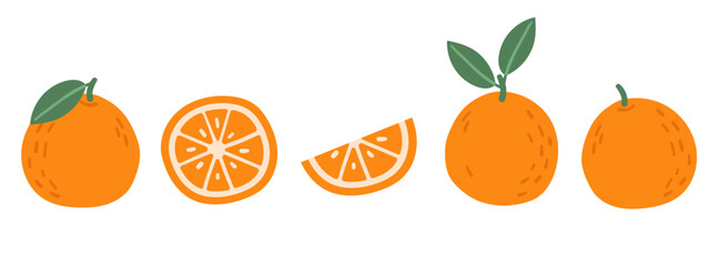 Orange with green leaves in flat style. Citrus slice isolated on white background. Tropical fruits. Raw and vegetarian food. Vector illustration.