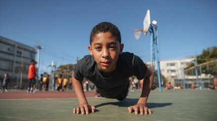 Young hispanic boy exercising push-ups on outdoor basketball court