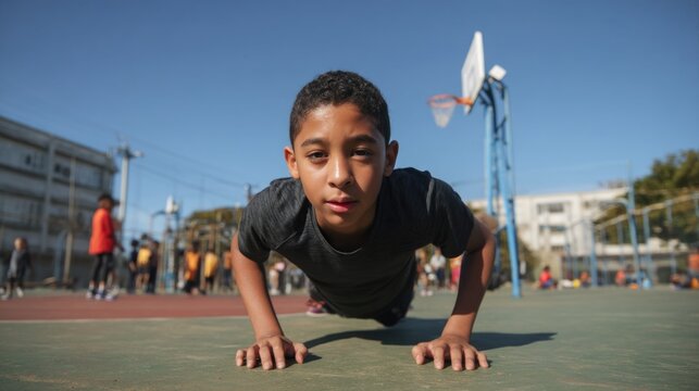 Young hispanic boy exercising push-ups on outdoor basketball court