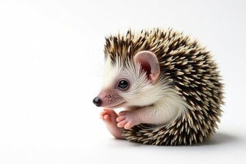 Tiny hedgehog, curled in a ball, on pure white background, nature, erinaceus europaeus
