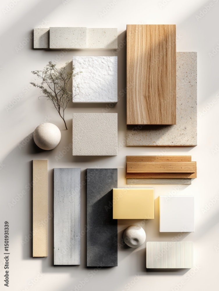 Aufkleber Flat Layout Showcasing Various Building Materials on a Clean Surface With an Open Side, Emphasizing Texture and Color Contrasts