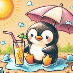 Naklejka premium Cute penguin relaxing with a drink under an umbrella in summer 