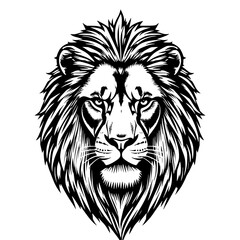 Fototapeta premium Lion's Majesty: A powerful monochrome illustration depicts a lion's head, its intense gaze and majestic mane rendered in striking detail.