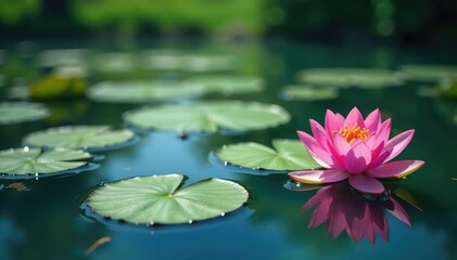 Water lilies form a floral pattern on calm lake surface, clean, tranquil, floral
